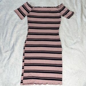 Fashion Nova Pink and Black Striped Off-Shoulder Mini Dress